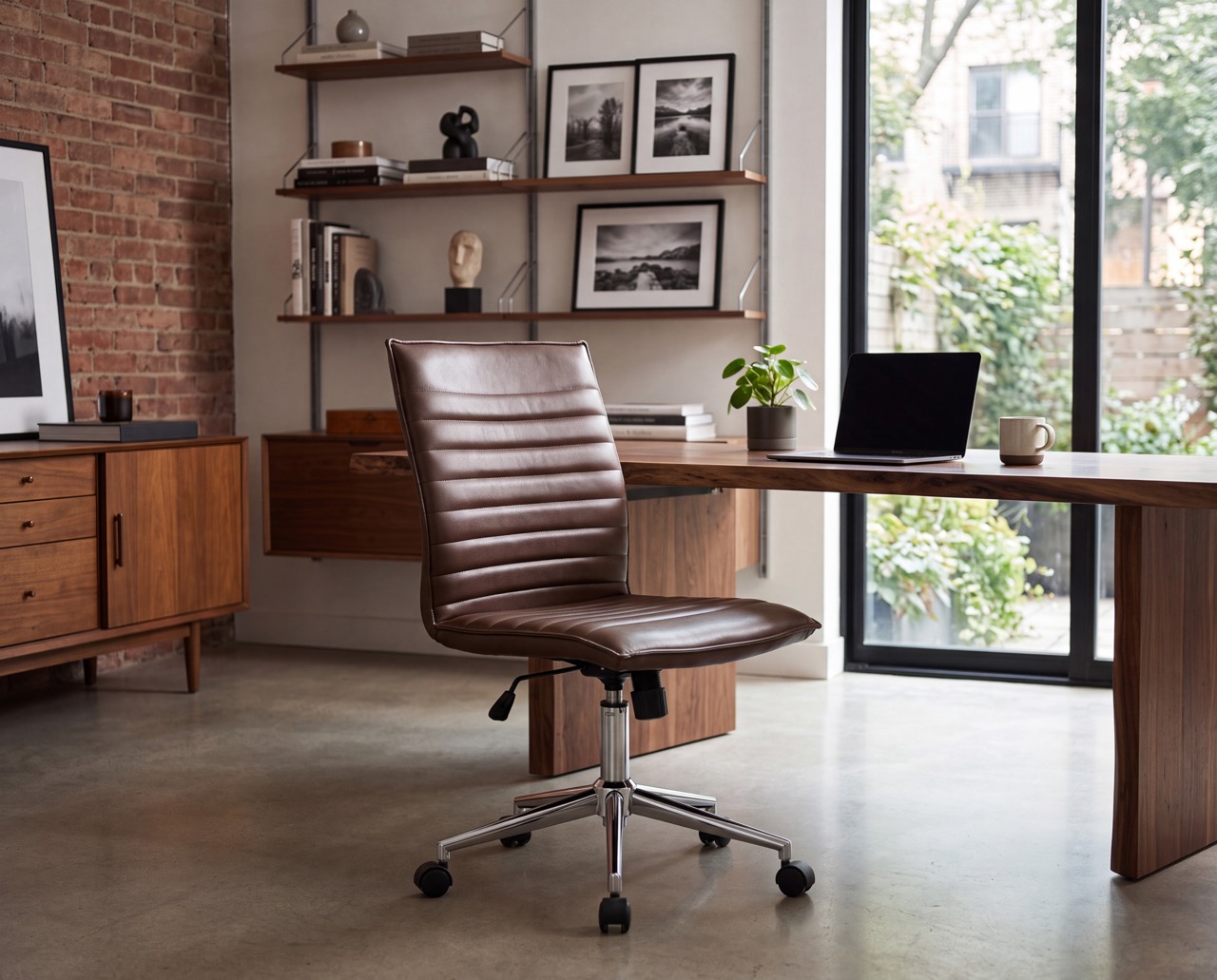 brown office chair posed at a contemporary desk in a modern home office scene