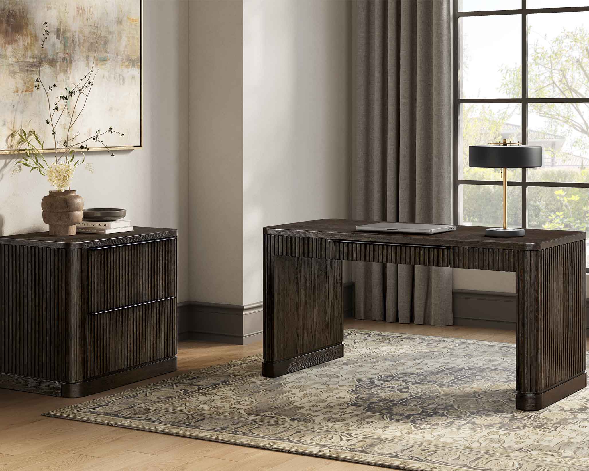 home office scene featuring a dark wooden reeded desk with a matching file cabinet