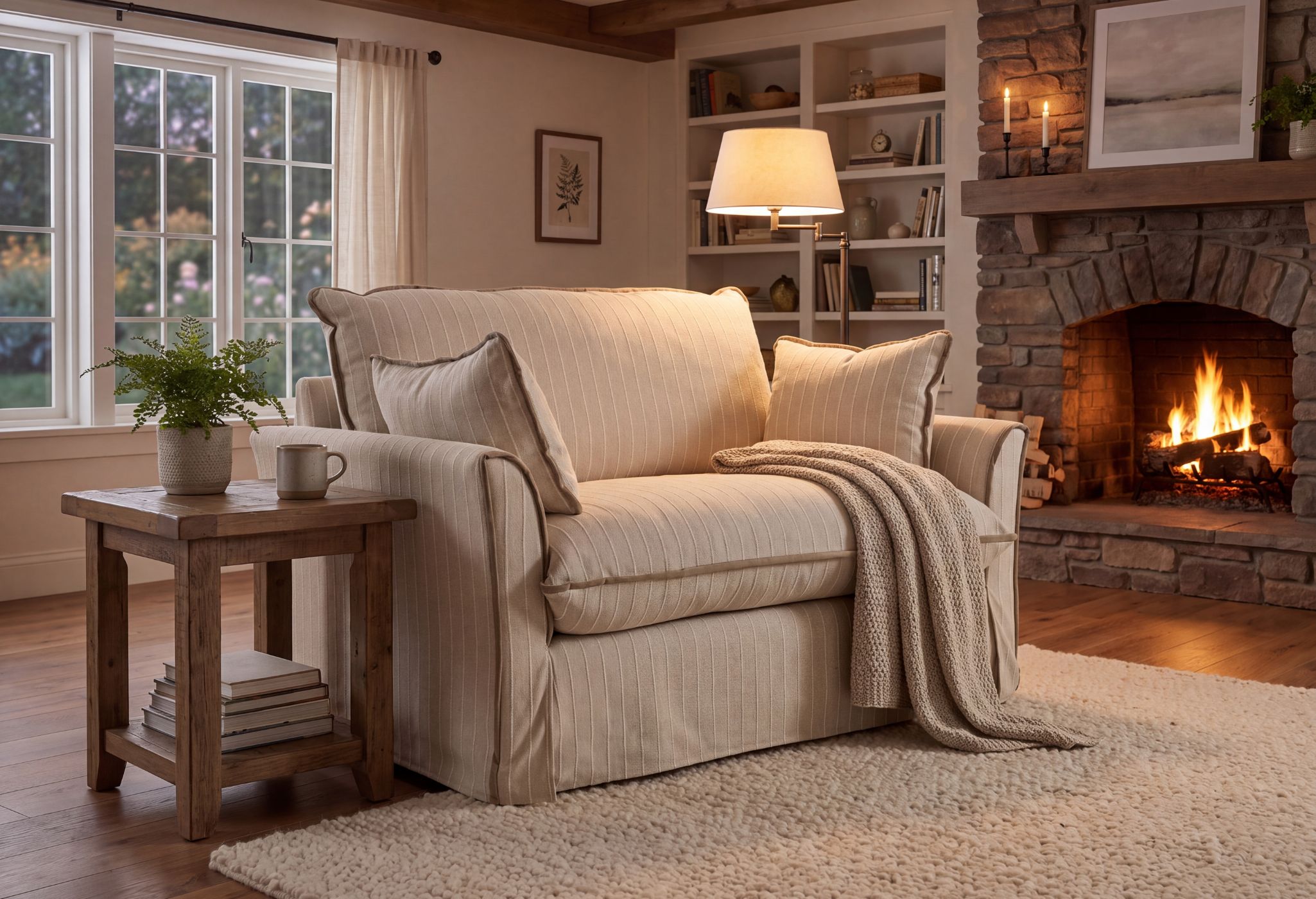 striped, plush, oversized chair styled in a living room