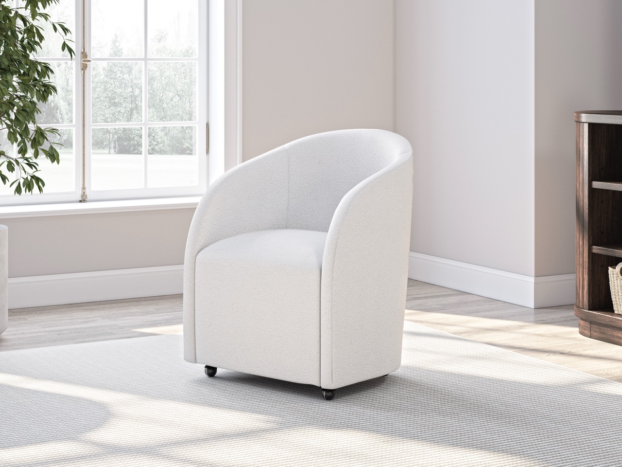 Ashley white upholstered office chair with a curved back and casters