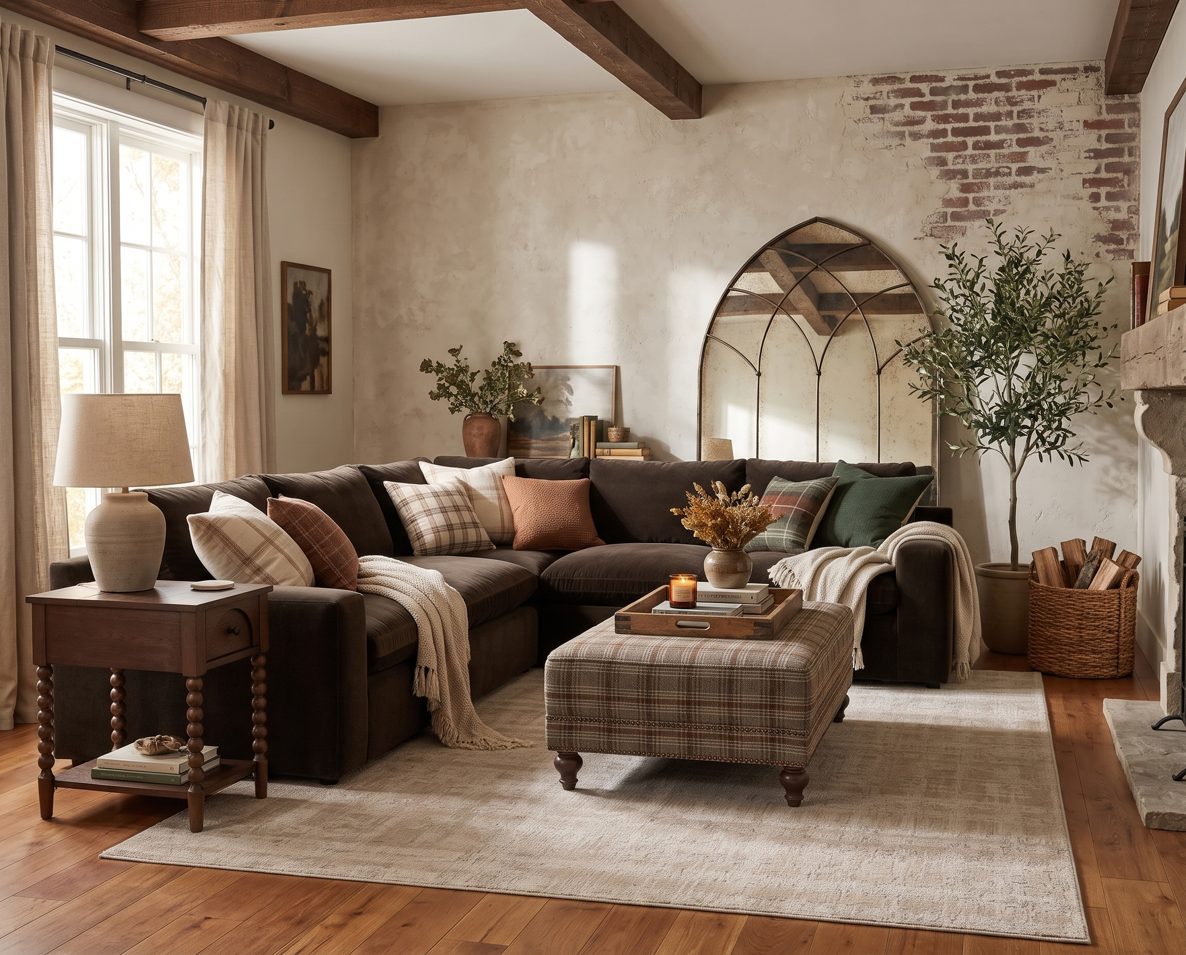 cozy living room with brown sectional